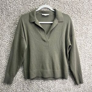 Everlane Sweater Women’s Medium Green Cashmere Pullover V-Neck Long Sleeve Polo